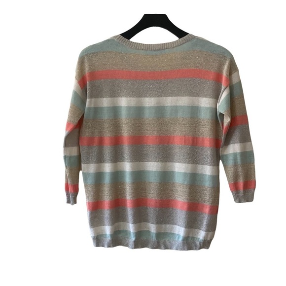 LOFT‎ Linen Blend Shimmer Striped Crewneck Sweater - Picture 3 of 8